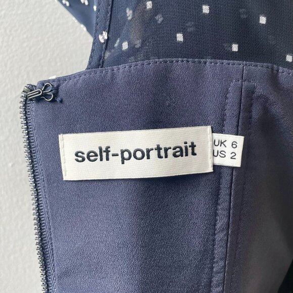 COPY - Self Portrait One Shoulder Dotted Navy Plumetis Frill Top Blue Size 2 - Picture 6 of 10